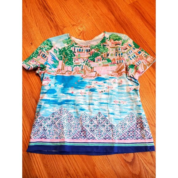 Talbots Petite XLP Tee With Scenic Print & Border Design - Picture 1 of 7